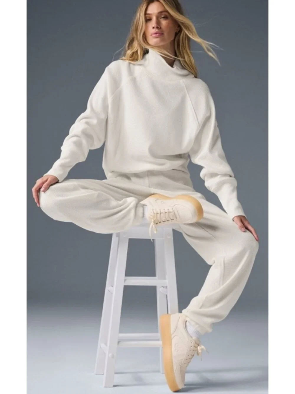 Alo Weekend Escape Mock Neck Long Sleeve Ivory Waffle Thermal Turtleneck Sweater